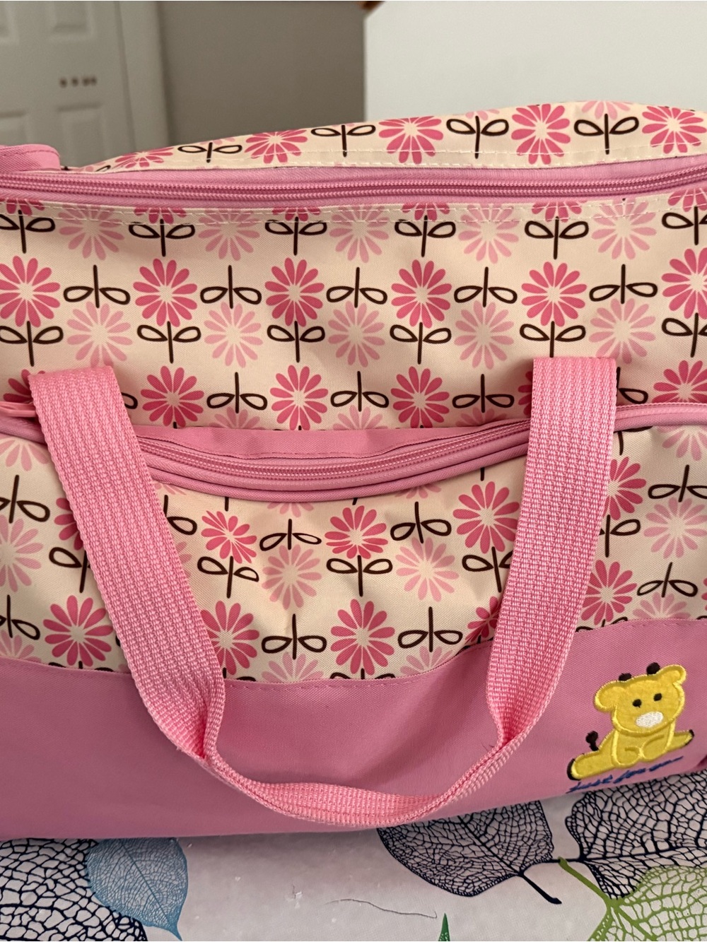 Pink Floral Baby LARGE diaper Bag with Bear Patch. Comes with a matching snack